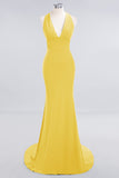 Mermaid Halter V-Neck Dark Green Chiffon Bridesmaid Dress with Open Back