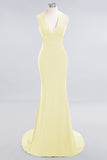 Mermaid Halter V-Neck Dark Green Chiffon Bridesmaid Dress with Open Back