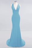 Mermaid Halter V-Neck Dark Green Chiffon Bridesmaid Dress with Open Back