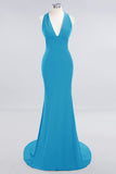 Mermaid Halter V-Neck Dark Green Chiffon Bridesmaid Dress with Open Back