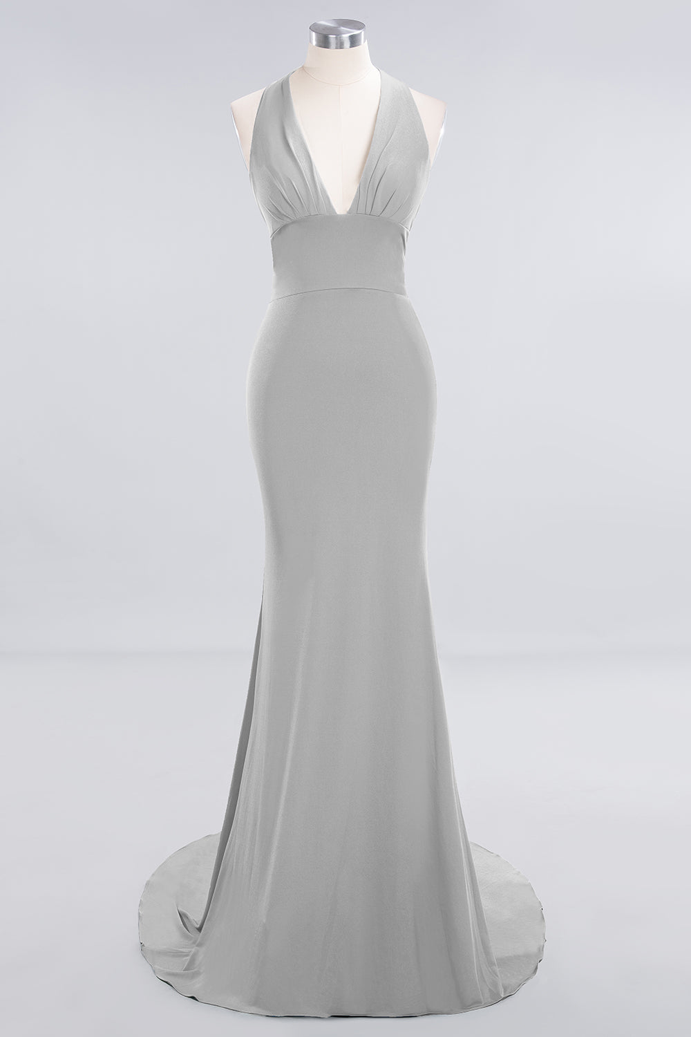 Mermaid Halter V-Neck Dark Green Chiffon Bridesmaid Dress with Open Back