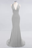 Mermaid Halter V-Neck Dark Green Chiffon Bridesmaid Dress with Open Back