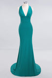 Mermaid Halter V-Neck Dark Green Chiffon Bridesmaid Dress with Open Back