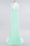 Mermaid Halter V-Neck Dark Green Chiffon Bridesmaid Dress with Open Back