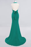 Mermaid Halter V-Neck Dark Green Chiffon Bridesmaid Dress with Open Back