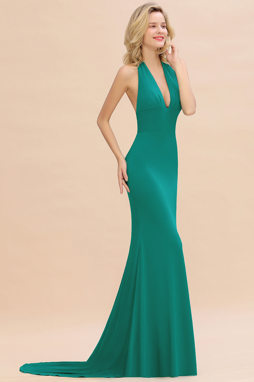 Mermaid Halter V-Neck Dark Green Chiffon Bridesmaid Dress with Open Back
