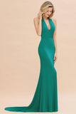 Mermaid Halter V-Neck Dark Green Chiffon Bridesmaid Dress with Open Back