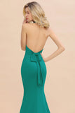 Mermaid Halter V-Neck Dark Green Chiffon Bridesmaid Dress with Open Back