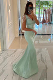 Mint Green Mermaid Prom Dress Slit Front With Beads Buttons