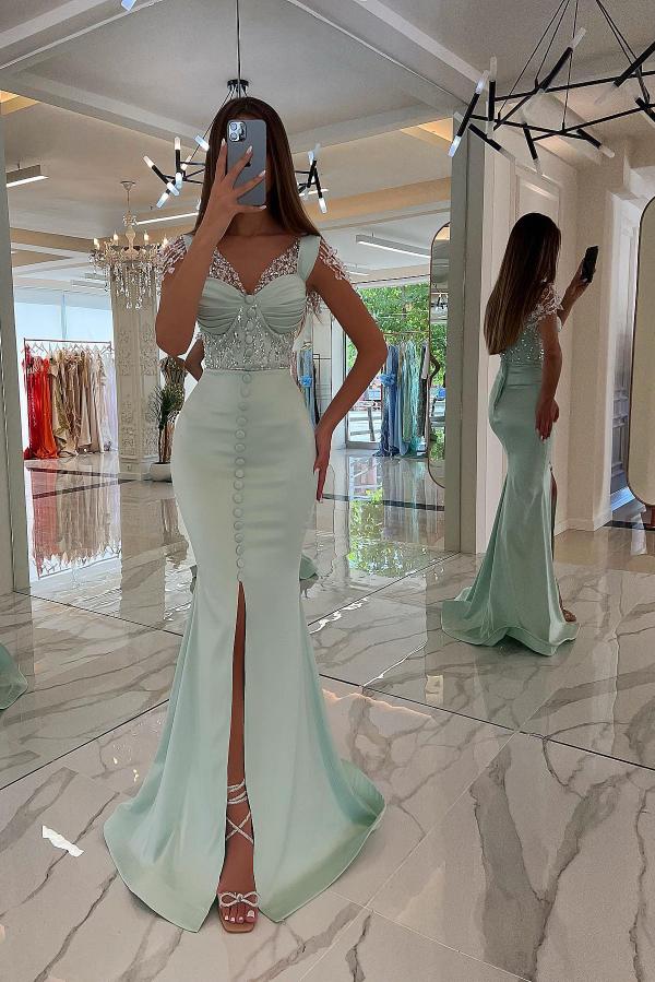 Mint Green Mermaid Prom Dress Slit Front With Beads Buttons