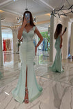 Mint Green Mermaid Prom Dress Slit Front With Beads Buttons