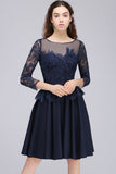 Modest 3/4 Sleeves Short Navy Lace Bridesmaid Dresses with Appliques