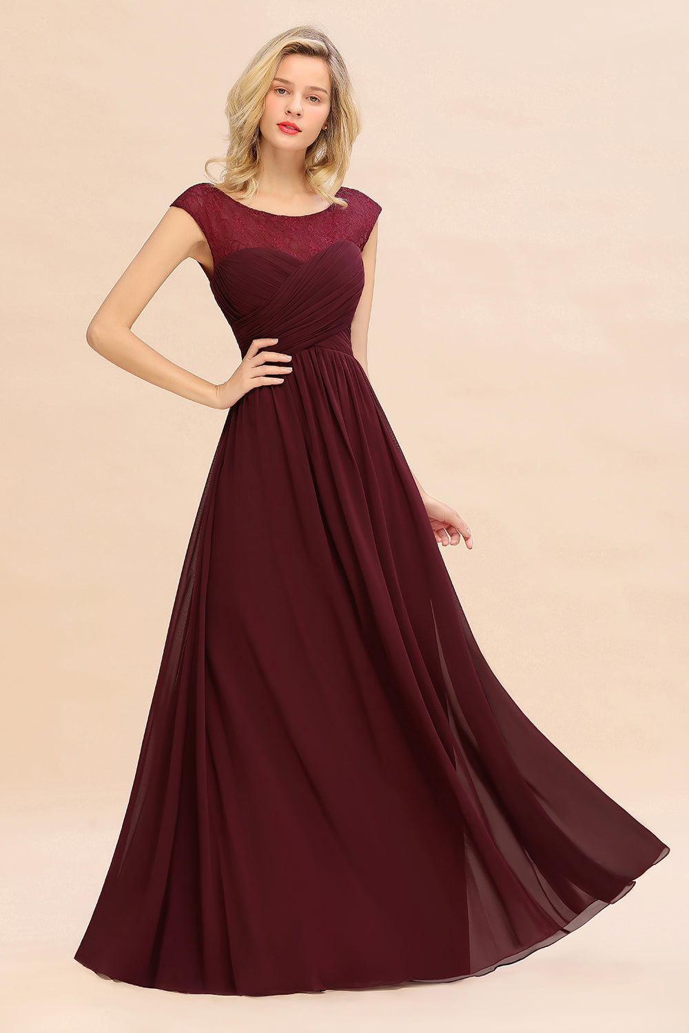 Modest Burgundy Chiffon Sleeveless Ruffle Bridesmaid Dress Affordable
