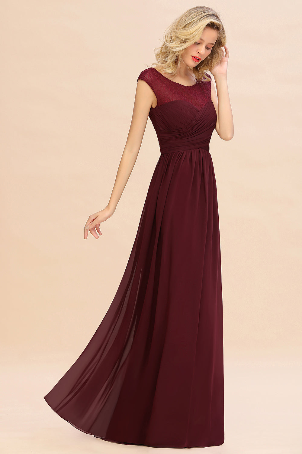 Modest Burgundy Chiffon Sleeveless Ruffle Bridesmaid Dress Affordable