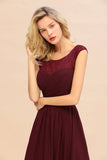 Modest Burgundy Chiffon Sleeveless Ruffle Bridesmaid Dress Affordable