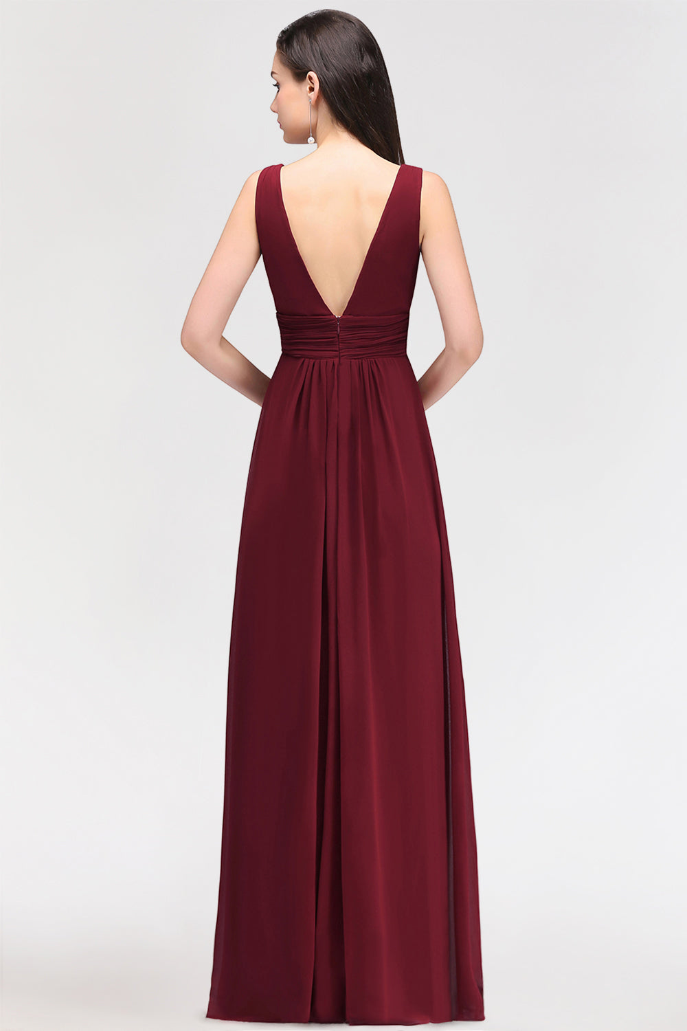 Modest Burgundy V-Neck Sleeveless Long Bridesmaid Dresses Affordable