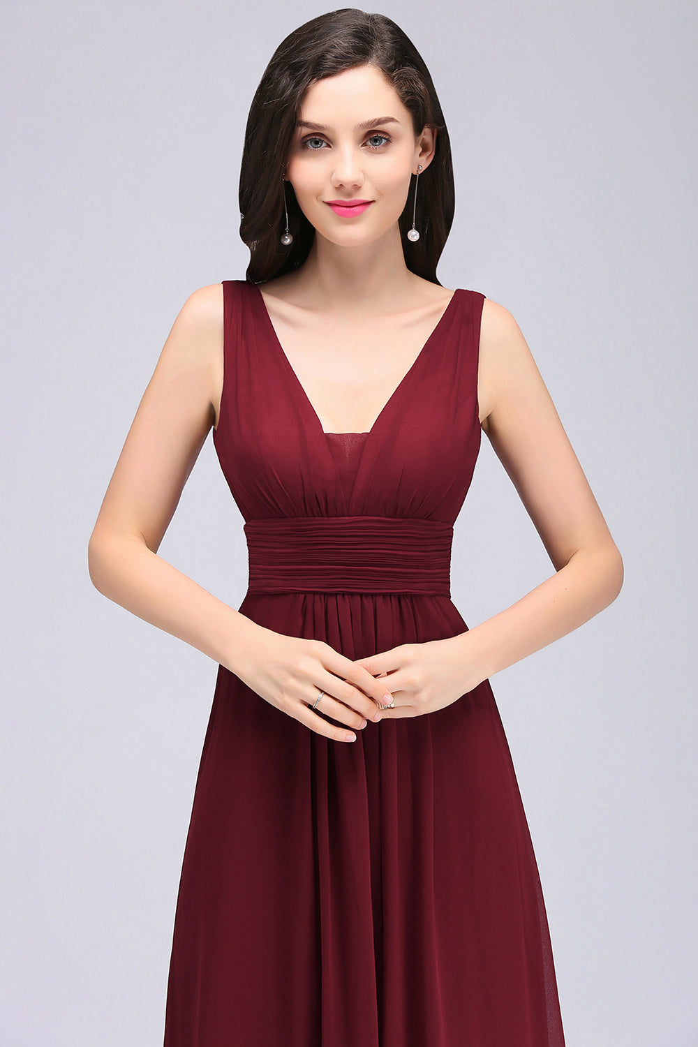 Modest Burgundy V-Neck Sleeveless Long Bridesmaid Dresses Affordable