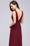 Modest Burgundy V-Neck Sleeveless Long Bridesmaid Dresses Affordable