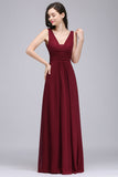 Modest Burgundy V-Neck Sleeveless Long Bridesmaid Dresses Affordable
