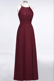 Modest Chiffon Jewel Ruffle Burgundy Long Bridesmaid Dresses Online