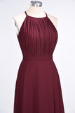 Modest Chiffon Jewel Ruffle Burgundy Long Bridesmaid Dresses Online