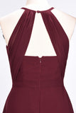 Modest Chiffon Jewel Ruffle Burgundy Long Bridesmaid Dresses Online
