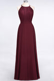 Modest Chiffon Jewel Ruffle Burgundy Long Bridesmaid Dresses Online
