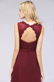 Modest Chiffon V-Neck Burgundy Lace Bridesmaid Dresses Online