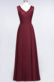Modest Chiffon V-Neck Burgundy Lace Bridesmaid Dresses Online