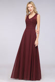 Modest Chiffon V-Neck Burgundy Lace Bridesmaid Dresses Online