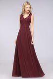 Modest Chiffon V-Neck Burgundy Lace Bridesmaid Dresses Online