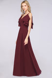 Modest Cold-shoulder Crinkle Chiffon Long Bridesmaid Dress with Pearls