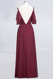 Modest Cold-shoulder Crinkle Chiffon Long Bridesmaid Dress with Pearls