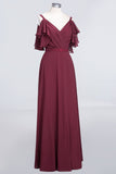 Modest Cold-shoulder Crinkle Chiffon Long Bridesmaid Dress with Pearls