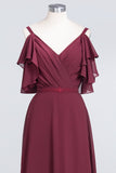 Modest Cold-shoulder Crinkle Chiffon Long Bridesmaid Dress with Pearls