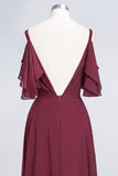 Modest Cold-shoulder Crinkle Chiffon Long Bridesmaid Dress with Pearls