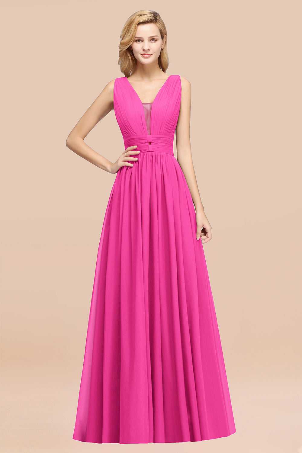 Modest Dark Green Long Bridesmaid Dress Deep V-Neck Chiffon Maid of Honor Dress