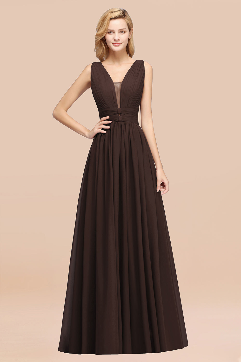 Modest Dark Green Long Bridesmaid Dress Deep V-Neck Chiffon Maid of Honor Dress
