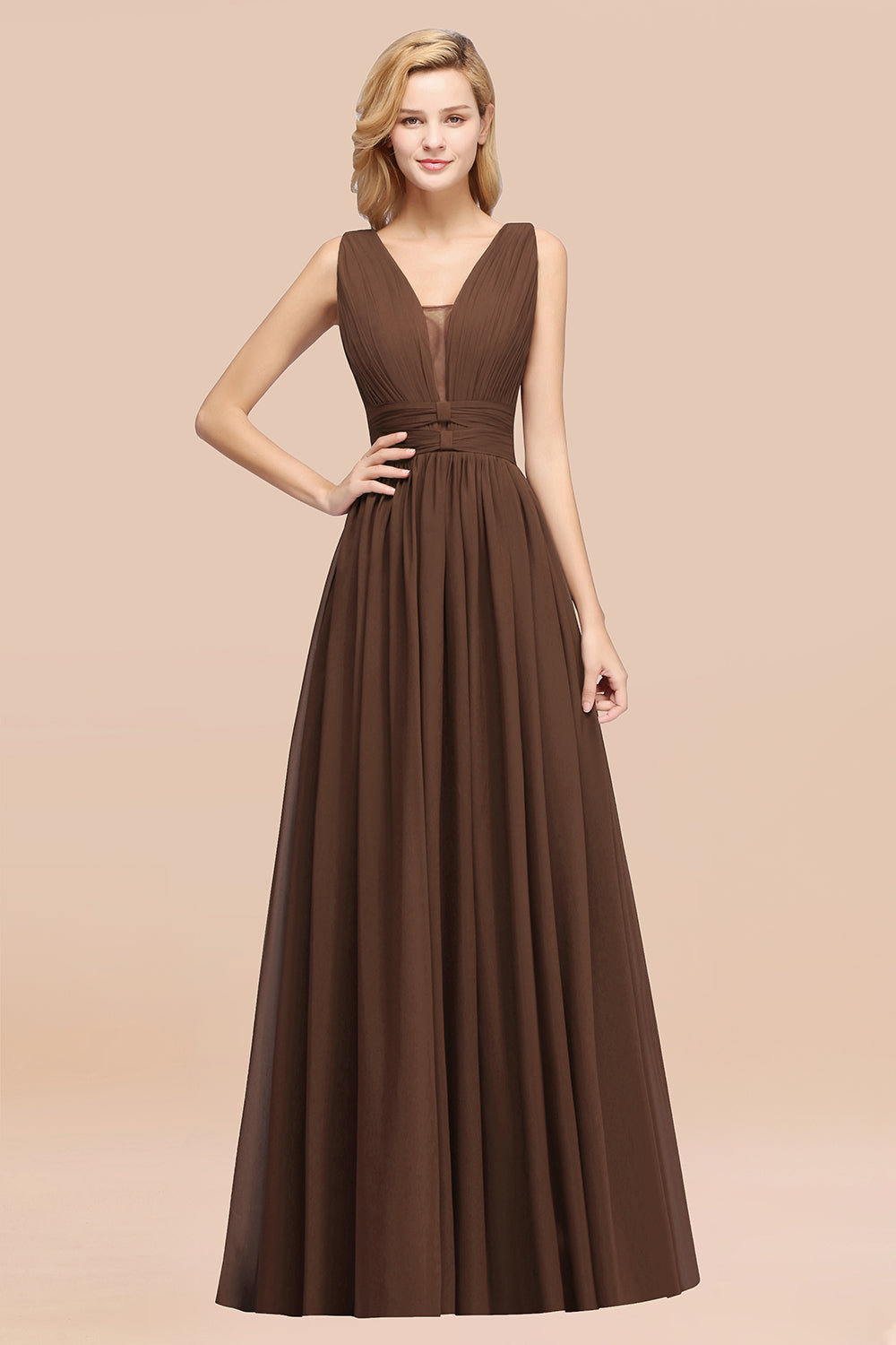 Modest Dark Green Long Bridesmaid Dress Deep V-Neck Chiffon Maid of Honor Dress