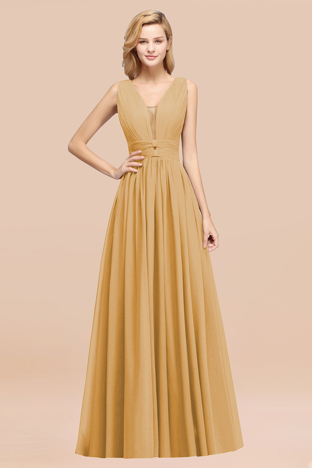 Modest Dark Green Long Bridesmaid Dress Deep V-Neck Chiffon Maid of Honor Dress