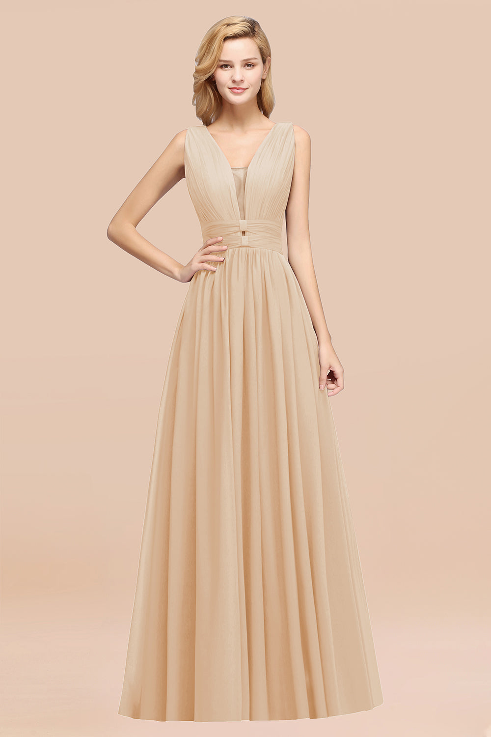 Modest Dark Green Long Bridesmaid Dress Deep V-Neck Chiffon Maid of Honor Dress
