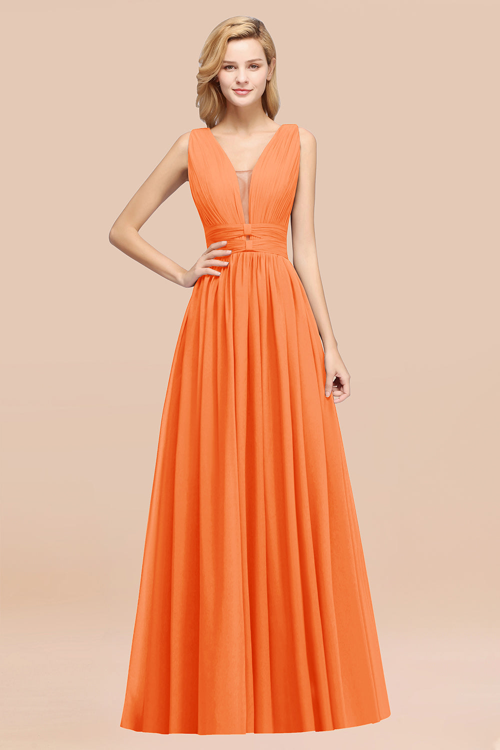 Modest Dark Green Long Bridesmaid Dress Deep V-Neck Chiffon Maid of Honor Dress