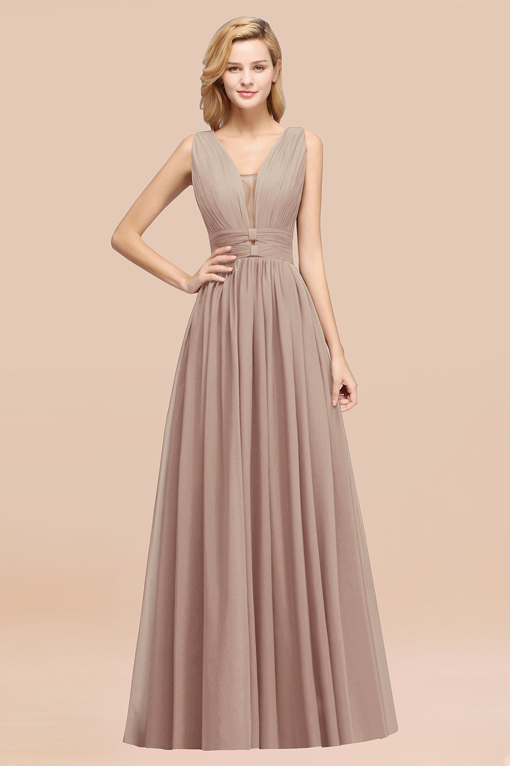 Modest Dark Green Long Bridesmaid Dress Deep V-Neck Chiffon Maid of Honor Dress