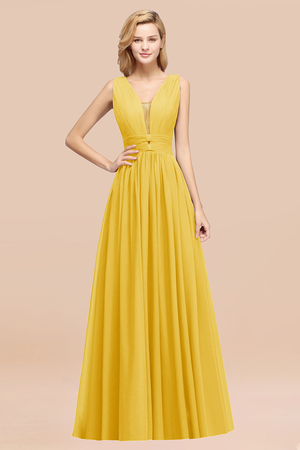 Modest Dark Green Long Bridesmaid Dress Deep V-Neck Chiffon Maid of Honor Dress