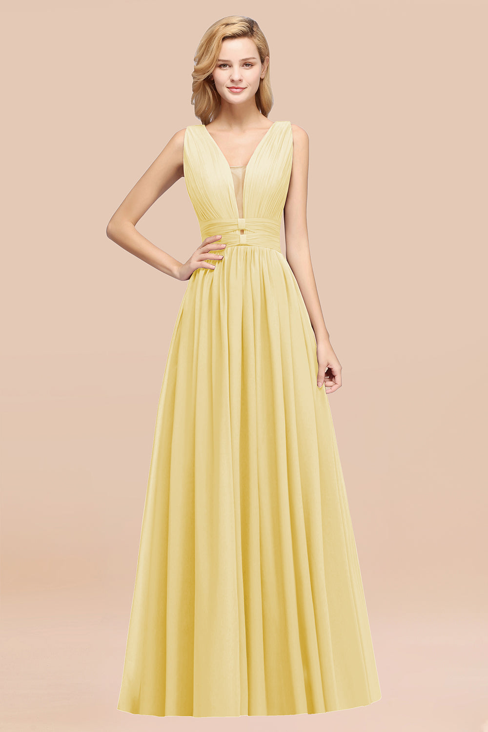 Modest Dark Green Long Bridesmaid Dress Deep V-Neck Chiffon Maid of Honor Dress