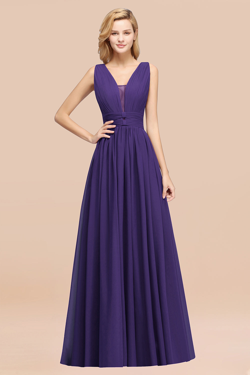 Modest Dark Green Long Bridesmaid Dress Deep V-Neck Chiffon Maid of Honor Dress