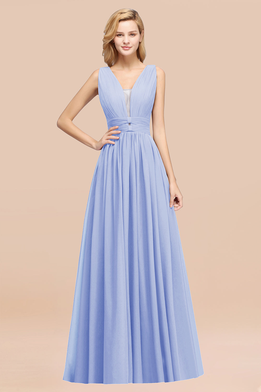 Modest Dark Green Long Bridesmaid Dress Deep V-Neck Chiffon Maid of Honor Dress