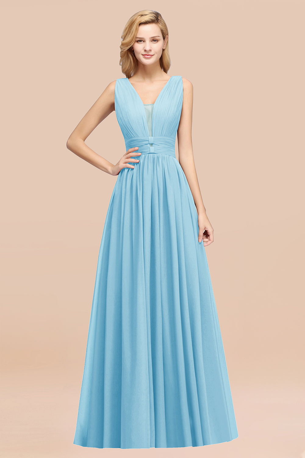 Modest Dark Green Long Bridesmaid Dress Deep V-Neck Chiffon Maid of Honor Dress