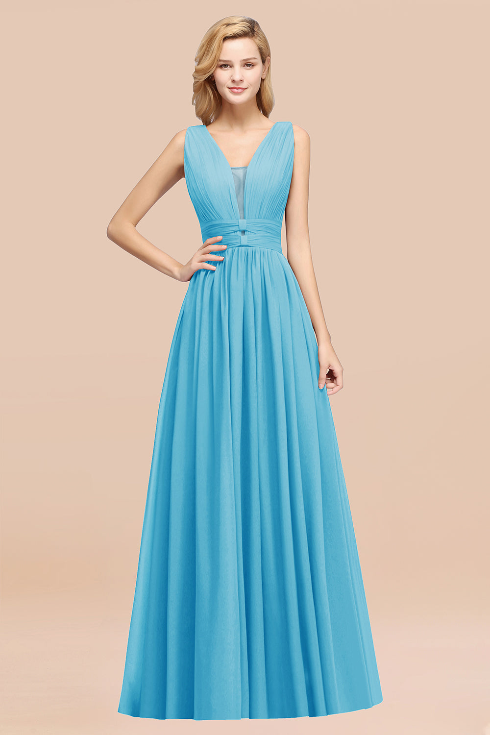 Modest Dark Green Long Bridesmaid Dress Deep V-Neck Chiffon Maid of Honor Dress