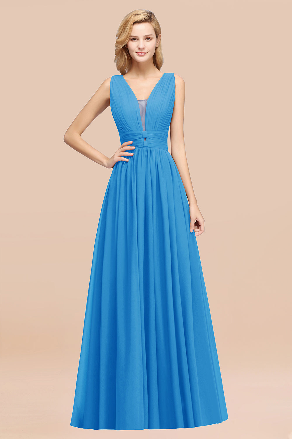 Modest Dark Green Long Bridesmaid Dress Deep V-Neck Chiffon Maid of Honor Dress